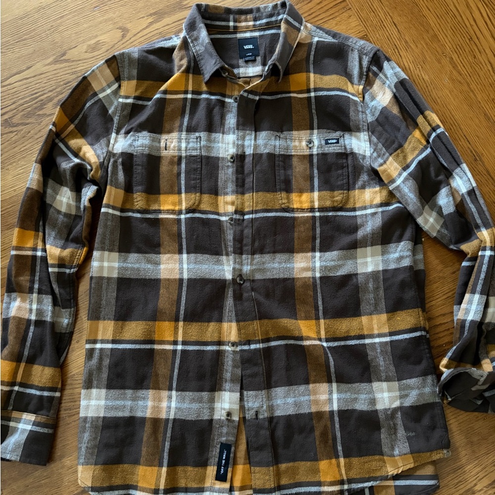 Vans Men's Yellow and Brown Plaid Button Down Shirt